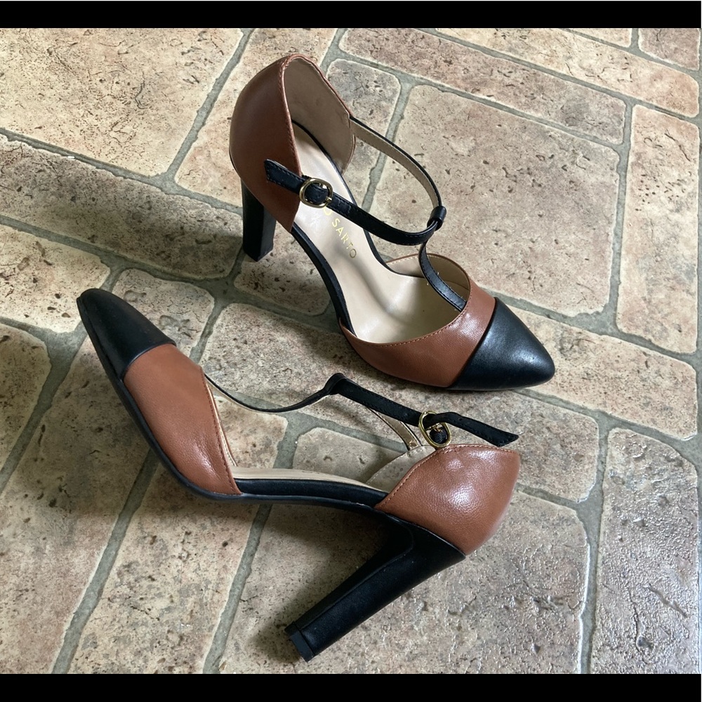 Franco Sarto Black and Tan pointed toe pumps with ankle strap